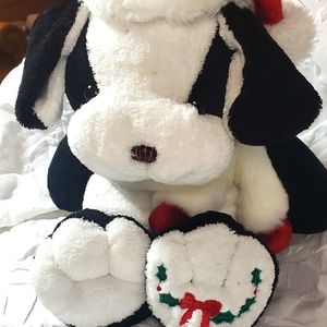 Black and white Plushie dog wearing Christmas hat/ scarf aprox "17 inches